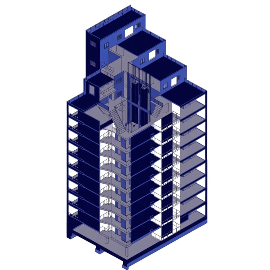 Isometric cutaway of a residential tower with a two-car elevator group in the core