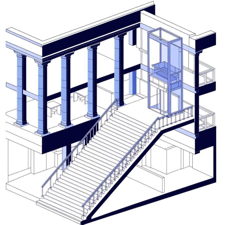 Isometric cutaway of a civic building with a public stair and an accessible elevator