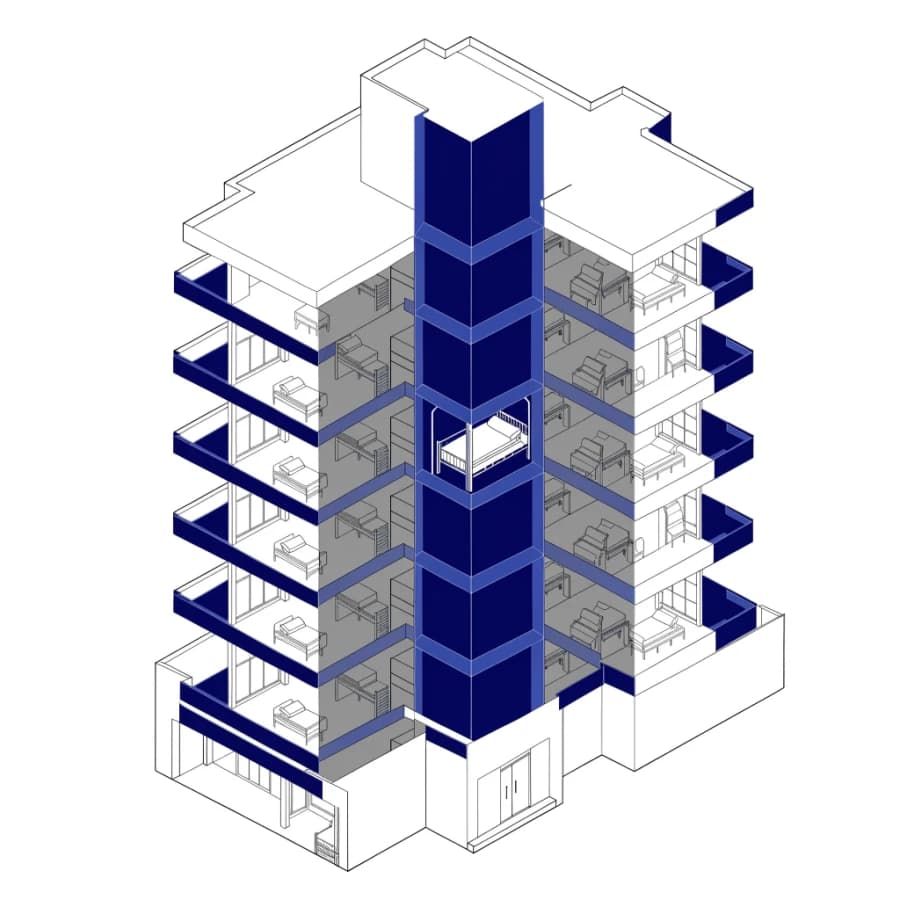Isometric cutaway of a hospital showing a bed elevator travelling in a central shaft