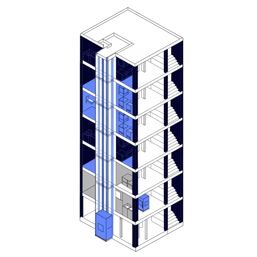 Isometric cutaway of a hotel tower with a glazed guest lift and a separate service lift