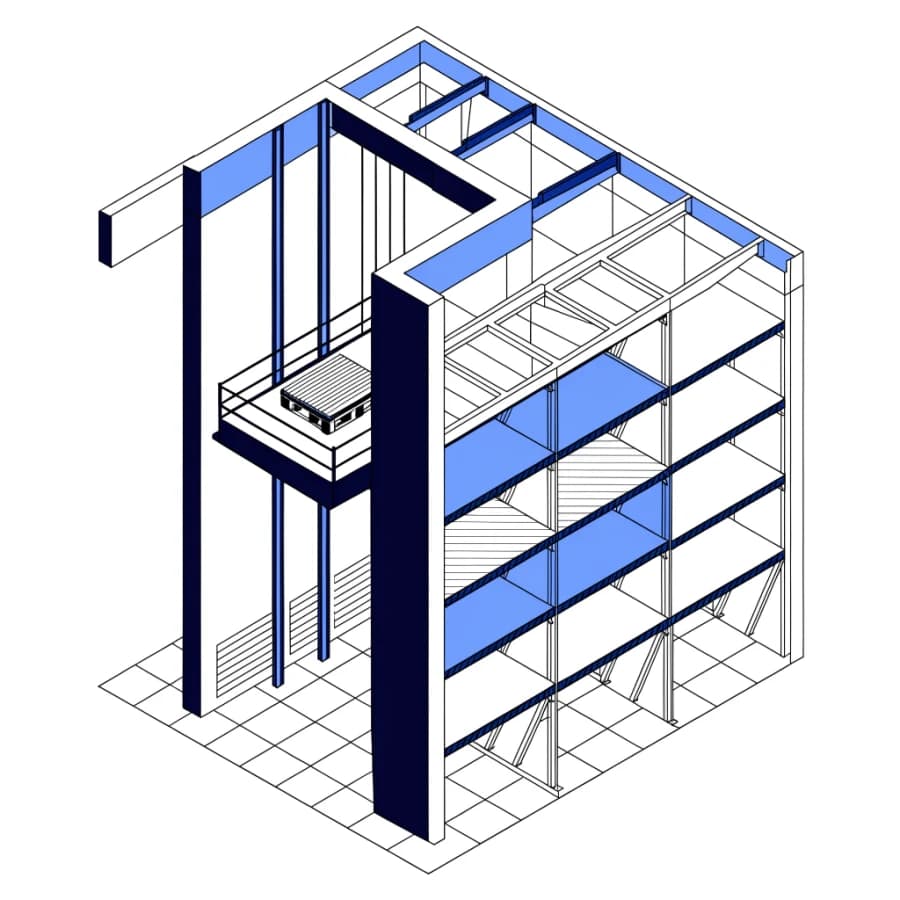 Isometric cutaway of a warehouse with a heavy freight elevator and steel racking