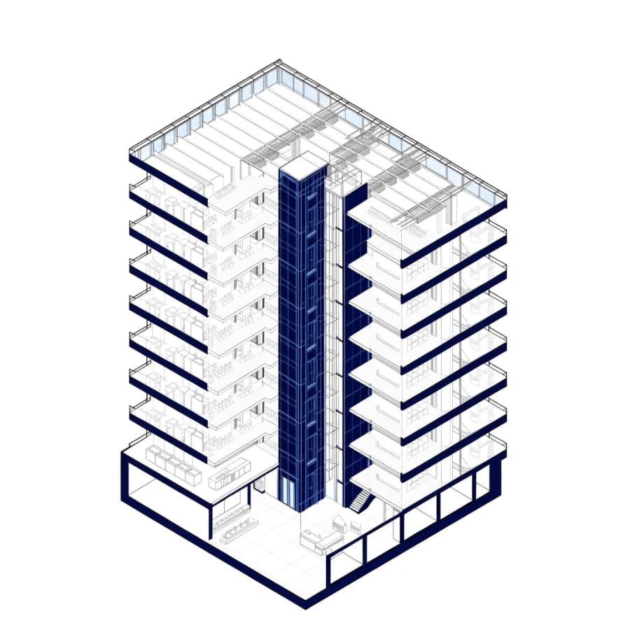 Isometric cutaway of an office tower with a bank of four elevators serving the core