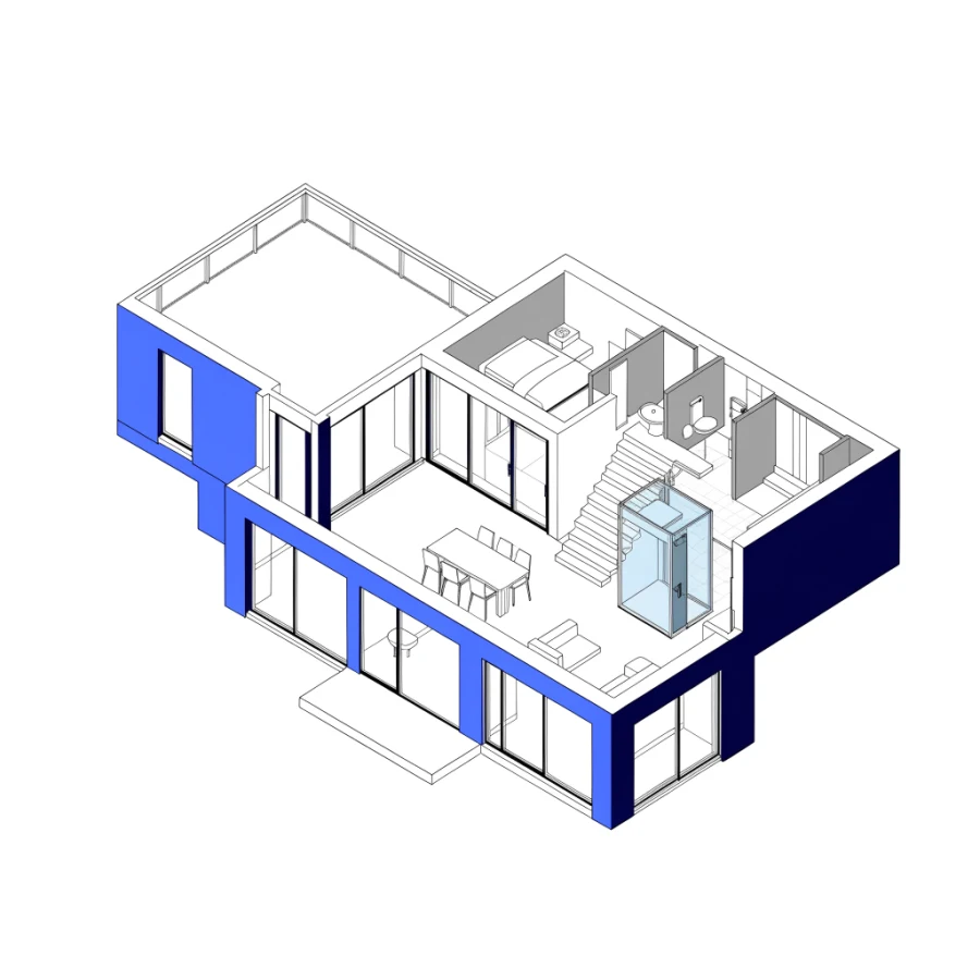 Isometric cutaway of a villa with a compact glass home lift beside the stair