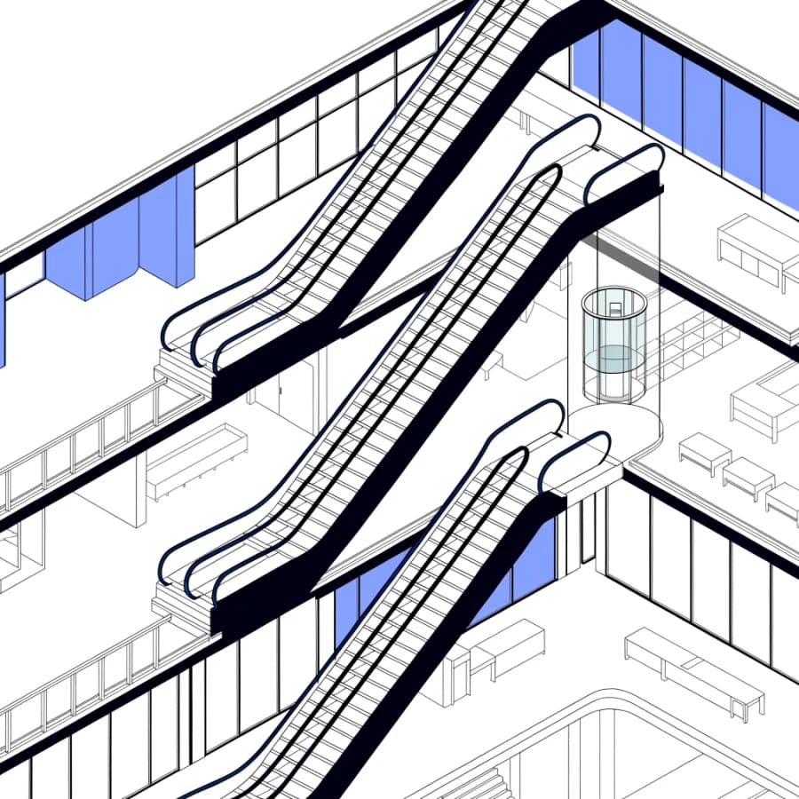 Isometric cutaway of a mall atrium with crossing escalators and a panoramic lift